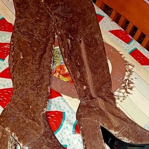 Pink velvet thigh high boots